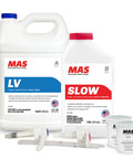 MAS epoxy resin and hardener bottles with pumps and mixing cups on a white background