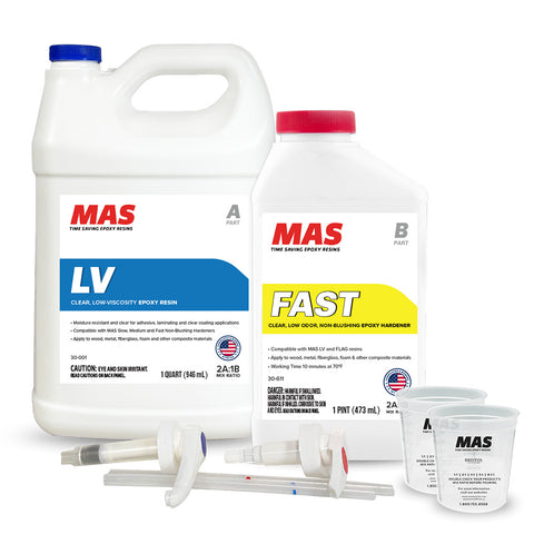 MAS epoxy resin and hardener bottles with accessories on a white background