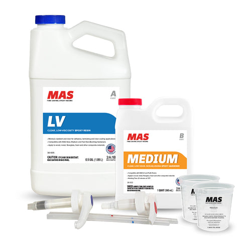 MAS epoxy resin marine system with bottles and tools on a white background 96 oz kit
