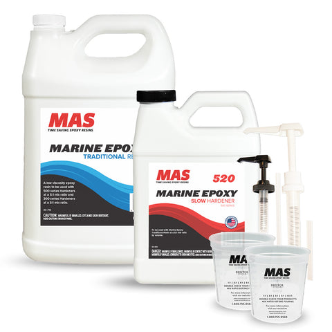 MAS Marine Epoxy 1.2 gallon kit including a large container, a smaller bottle, and a pump on a white background.