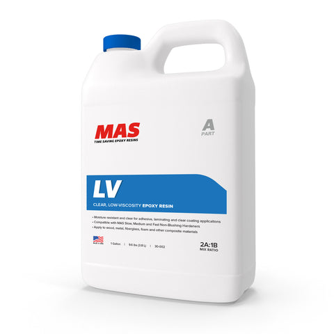 A white plastic container with a blue lid labeled 'MAS' and 'LV' for Low Viscosity Epoxy Resin.