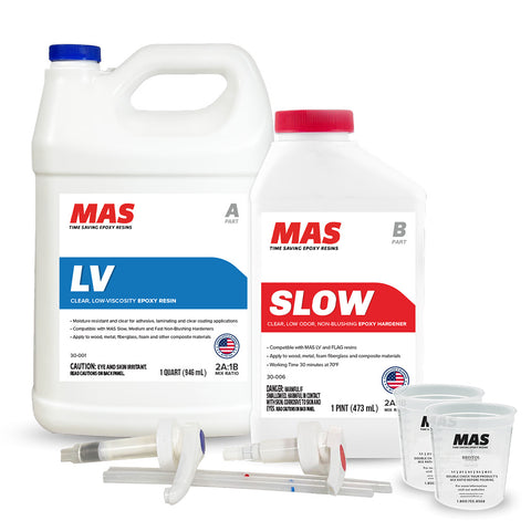 MAS epoxy resin and hardener bottles with pumps and mixing cups on a white background