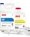 MAS epoxy resin and hardener bottles with accessories on a white background