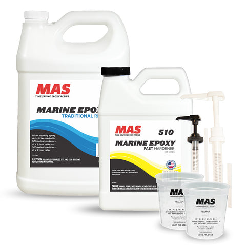 1.2 gal kit MAS Marine Epoxy products including a gallon, a smaller container, and a pump on a white background with water splashes.