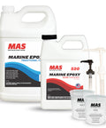 MAS Marine Epoxy 1.2 gallon kit including a large container, a smaller bottle, and a pump on a white background. 