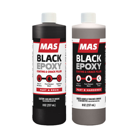 Two bottles of MAS Black Epoxy Coating and Crack Filler on a white background 16 oz kit