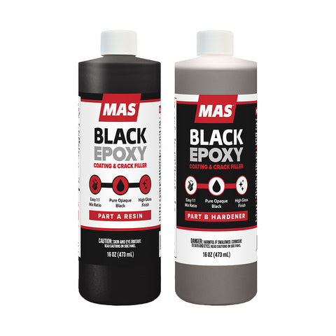 Two bottles of MAS Black Epoxy on a white background 32 oz