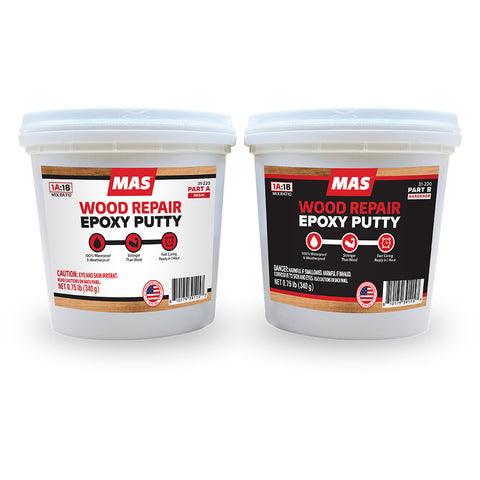 Two containers of MAS Wood Repair Epoxy Putty on a white background