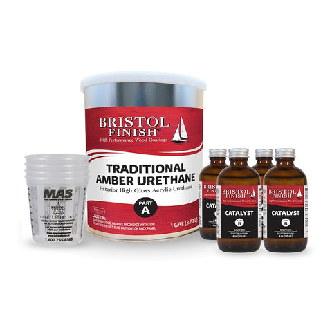 1 gallon kit Bristol Finish Traditional Amber Urethane packaging with bottles on a white background