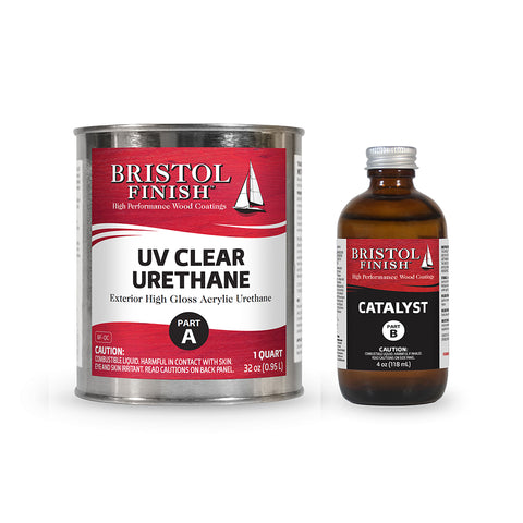 Bristol Finish UV Clear Urethane and Catalyst bottles on a white background
