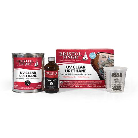 Bristol Finish UV Clear Urethane set with can, bottle, and container on a white background