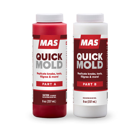 Two bottles of MAS Quick Mold on a white background
