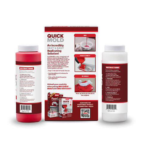 Back of Quick Mold product packaging with two bottles and a box on a white background