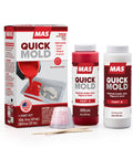 MAS Quick Mold kit with packaging, parts A and B, and mixing sticks on a white background