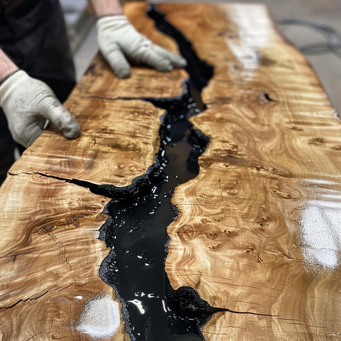 Wooden surface with black resin flowing through it, being worked on by a person wearing gloves.