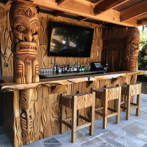 Wooden bar with tiki statues and a TV screen in an outdoor setting