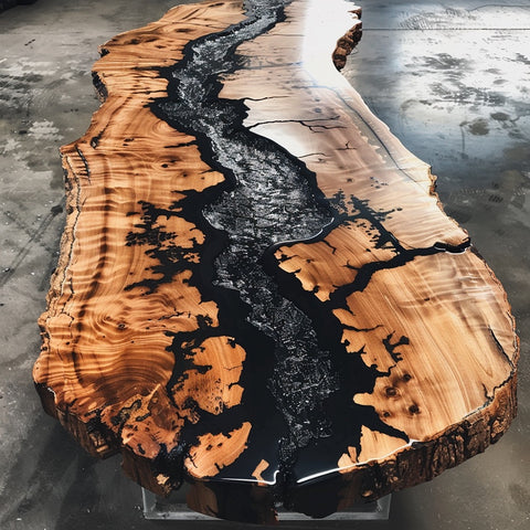 Wooden table with black resin inlay on a concrete floor